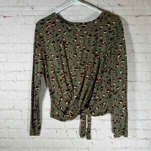 Frayed Womens Shirt Long Sleeve Top Crew Neck Back Tie Green Cheetah